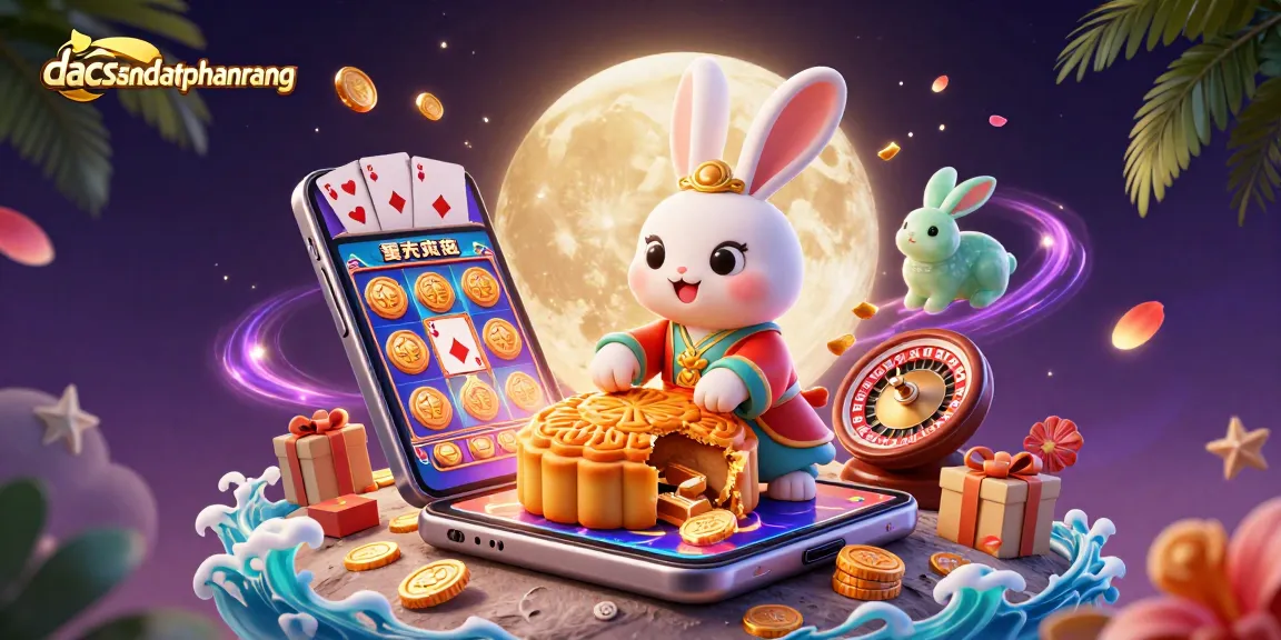 dacsandatphanrang captures the adventurous spirit of gambling with a 3D moon rabbit alongside vibrant casino elements.