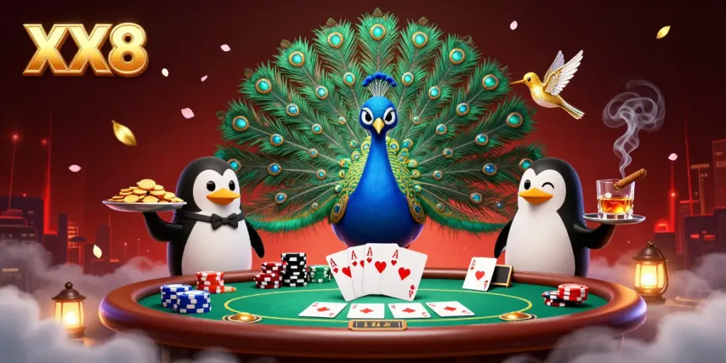 Experience the thrill of XX8 with vibrant colors and dynamic casino elements in this cartoon illustration.