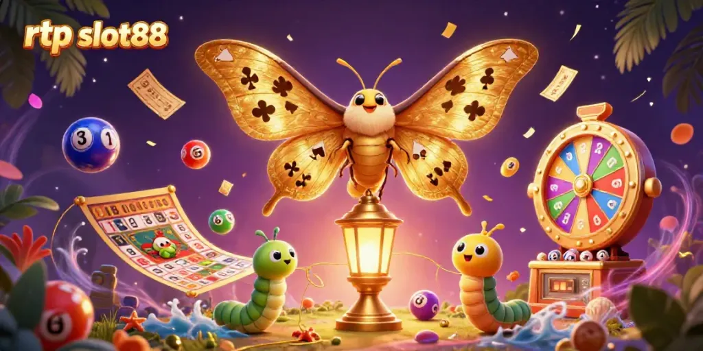 Menghadapi rtp slot88, ilustrasi dengan kupu-kupu kartun besar dan elemen kasino yang berwarna-warni.