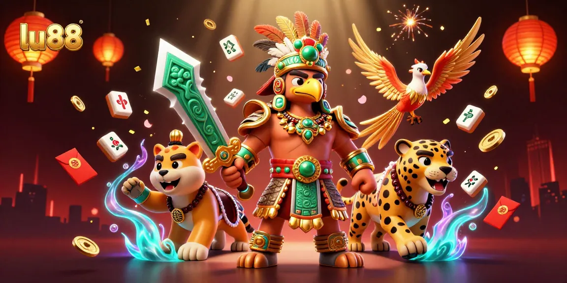 Spin and win with lu88 in a vibrant scene filled with casino elements and animated warriors.