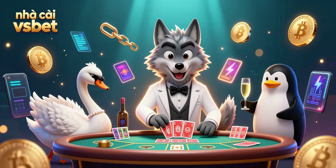 Experience the excitement of nhà cái vsbet with animated characters playing cards and showcasing crypto!