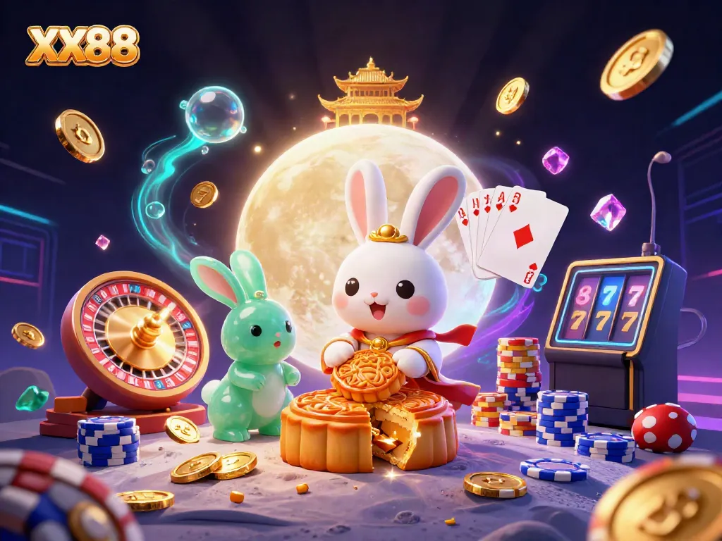 Experience the excitement of XX88 online gaming featuring a festive scene with a moon rabbit and casino elements.