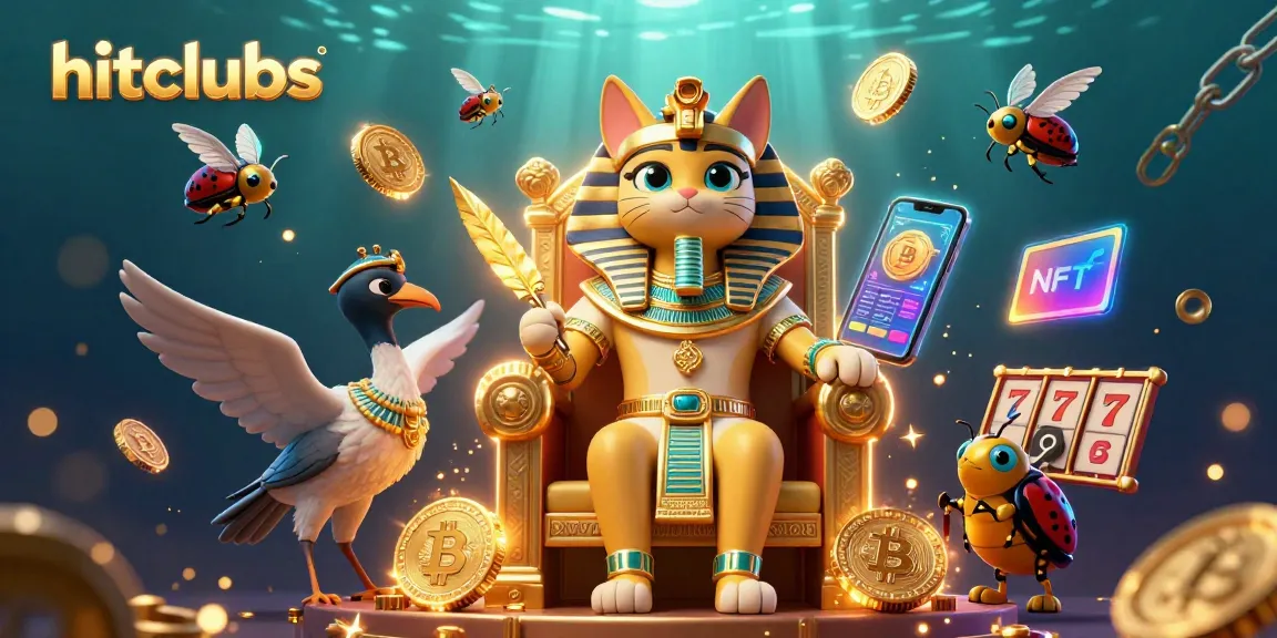 Win jackpots at hitclubs with an Egyptian pharaoh cat and crypto elements in a vibrant casino scene.