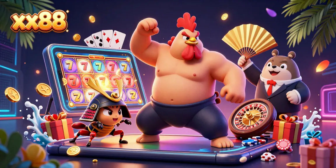 Experience thrilling wins at xx88 with a vibrant 3D casino illustration showcasing dynamic game elements.