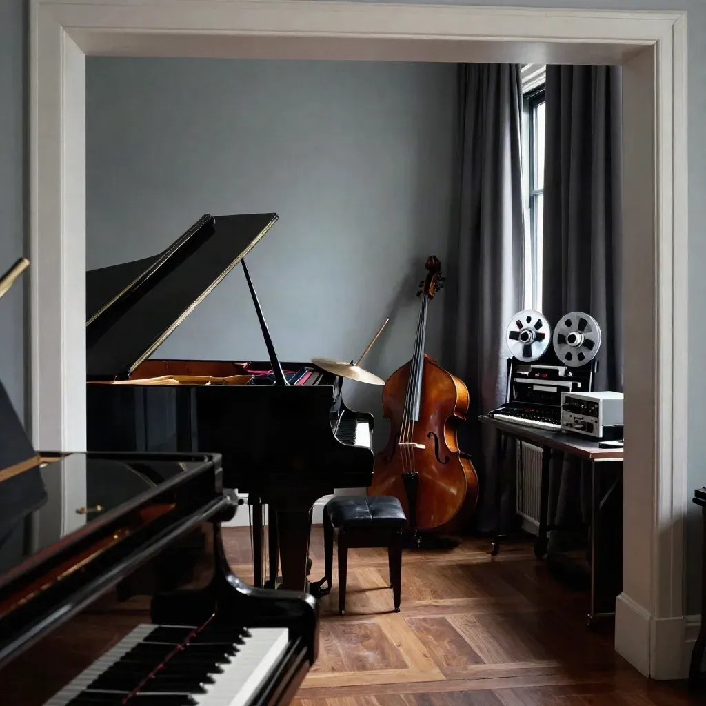 Moody scoring room with grand piano, tape reel, bass case, and acoustic curtains