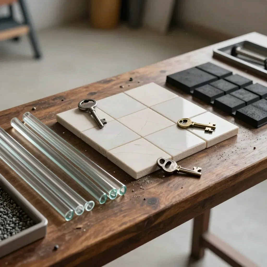 Sound design foley bench with glass rods, tiles, keys, gravel, and rubber pads on walnut wood.