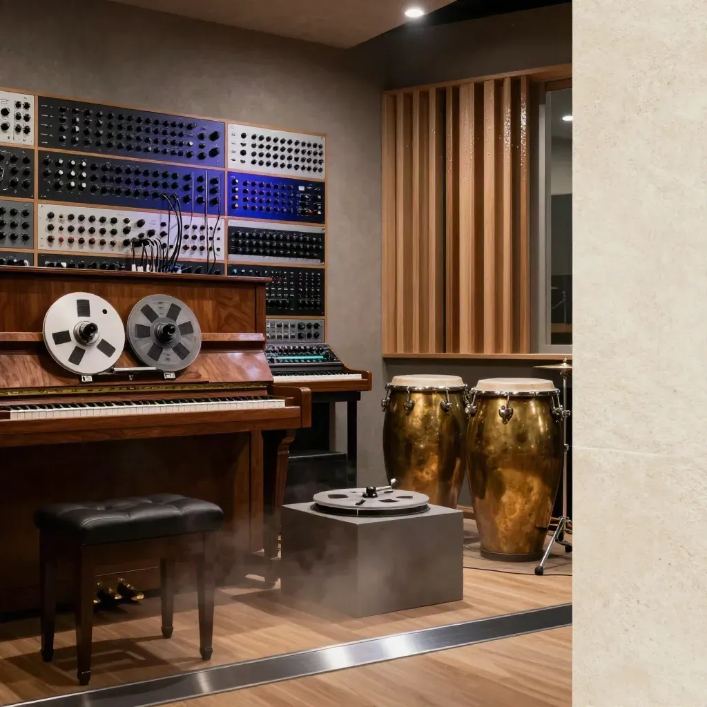 Moody Japanese-inspired scoring studio with piano, synth wall, reel-to-reel, and master reel.