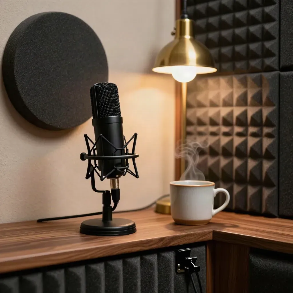 Podcast booth corner with mic, lamp, mug and acoustic foam in warm afternoon light.