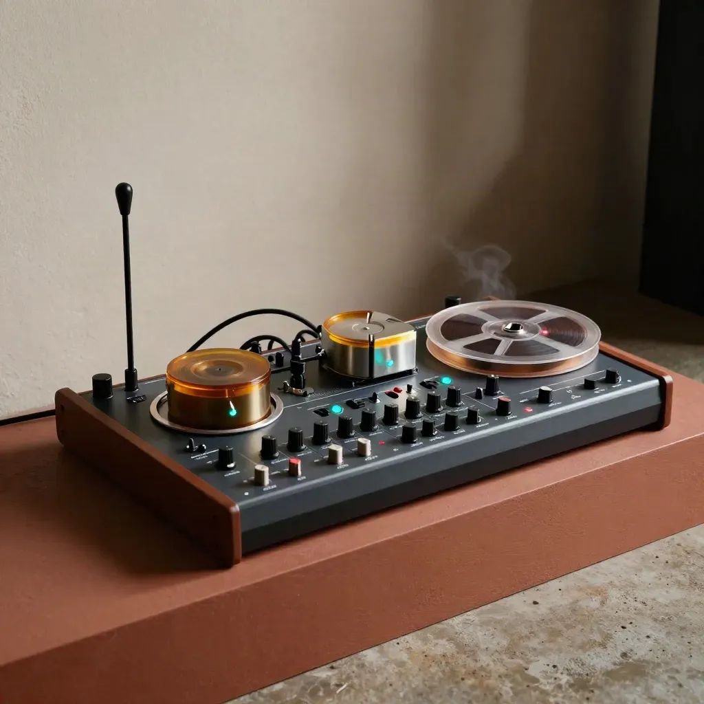 Modular synths, toms, cue lamps, and a spinning tape reel in a moody scoring studio