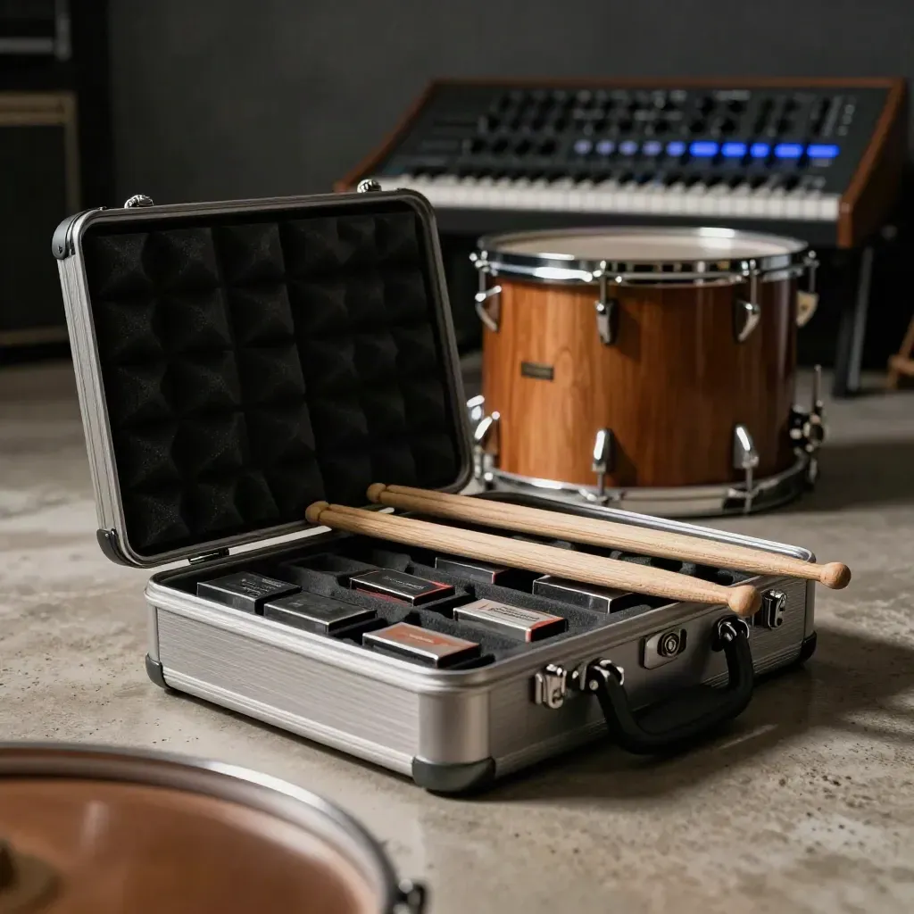 Open metal case of cue cartridges beside toms and a modular synth rack in a studio.