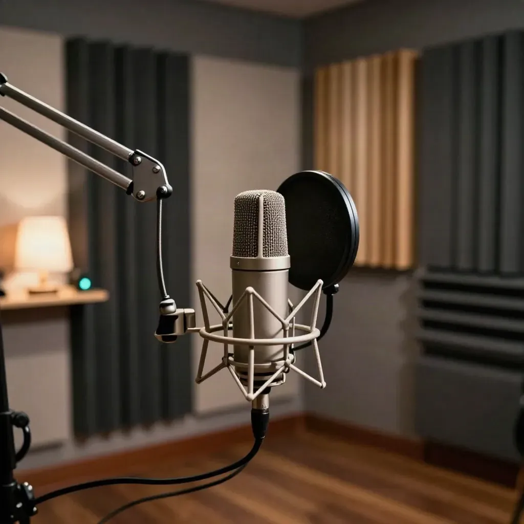 Silent podcast booth with mic, pop filter, acoustic panels and a warm lamp.