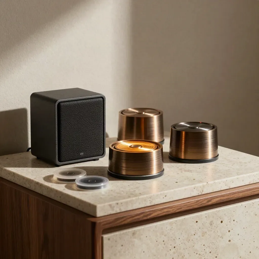 Export drives, speaker stack, and cue discs on travertine with warm light.