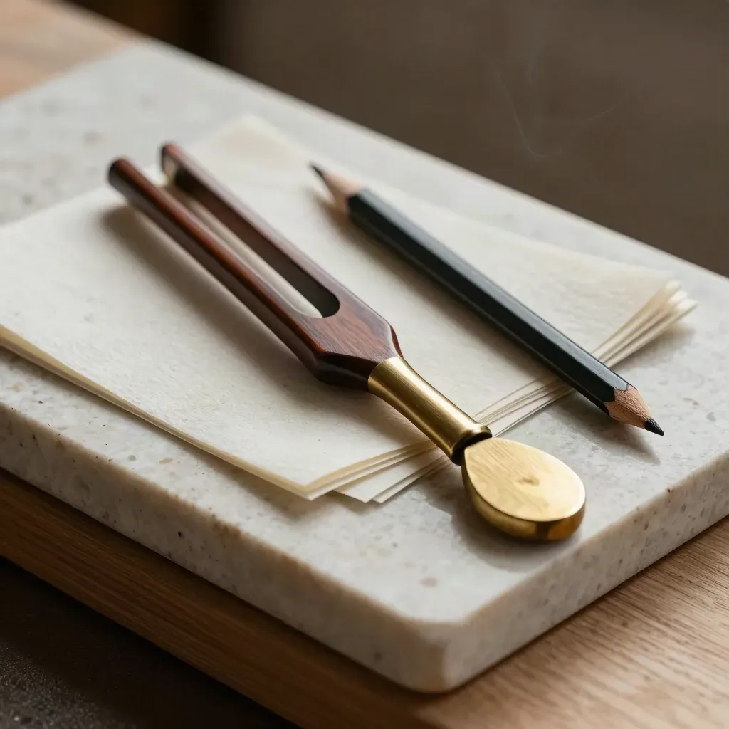 Washi swatches, brass chip, charcoal pencil and lacquered tuning fork on travertine.