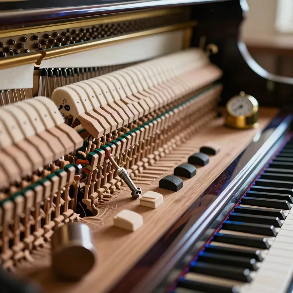 Grand piano action with tuning hammer, metronome and mutes in a warm workshop