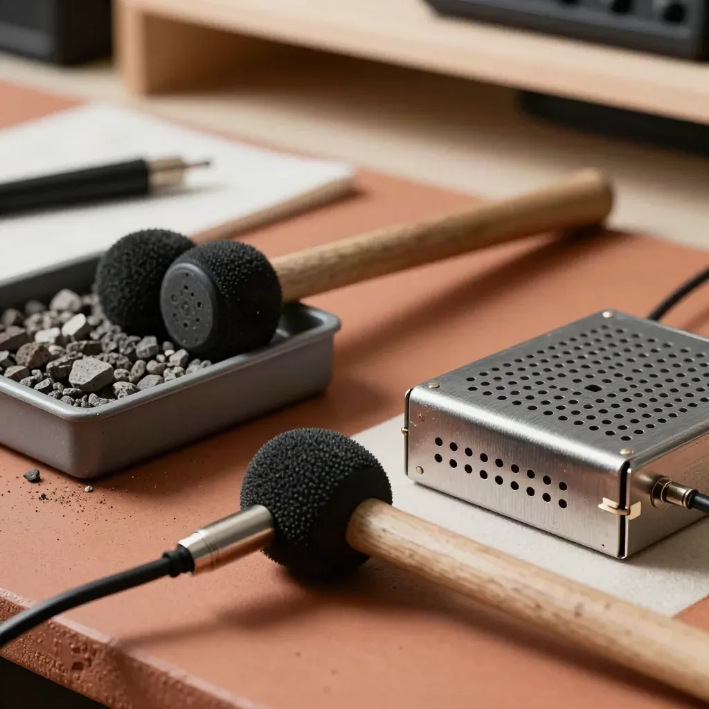 Macro still life of sound design tools: contact mics, mallets, gravel tray, patch cables, and a metal sound box.