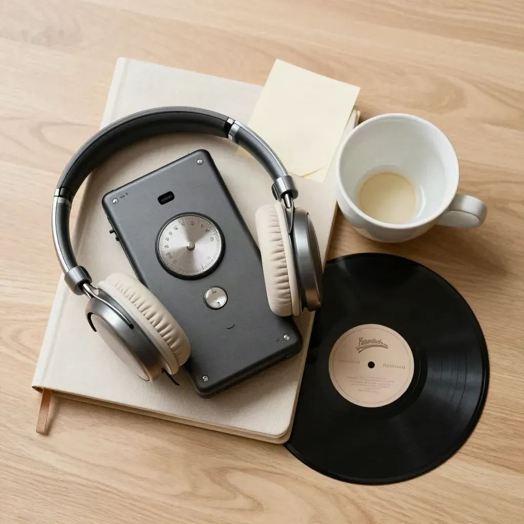 Overhead audio briefing still life on pale wood with recorder, headphones, notebook, tea cup, vinyl sleeve.
