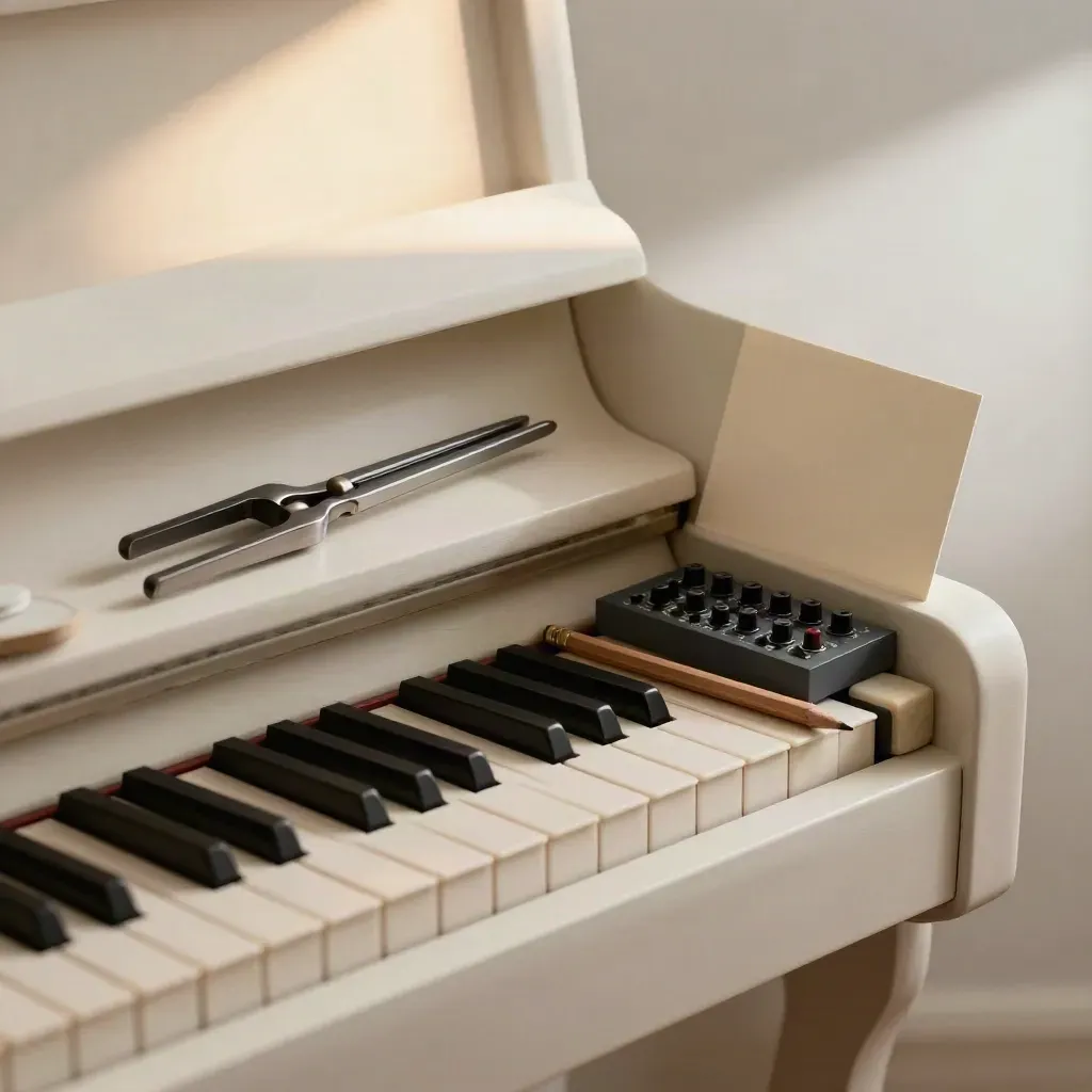 Piano keys, tuning fork, pencil, eraser and synth module on a pale plaster shelf