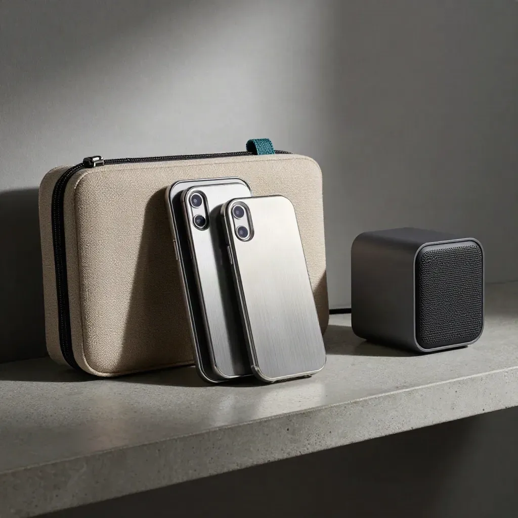 Brushed-metal export drives, linen sleeve, slim case and tiny speaker on a stone shelf.