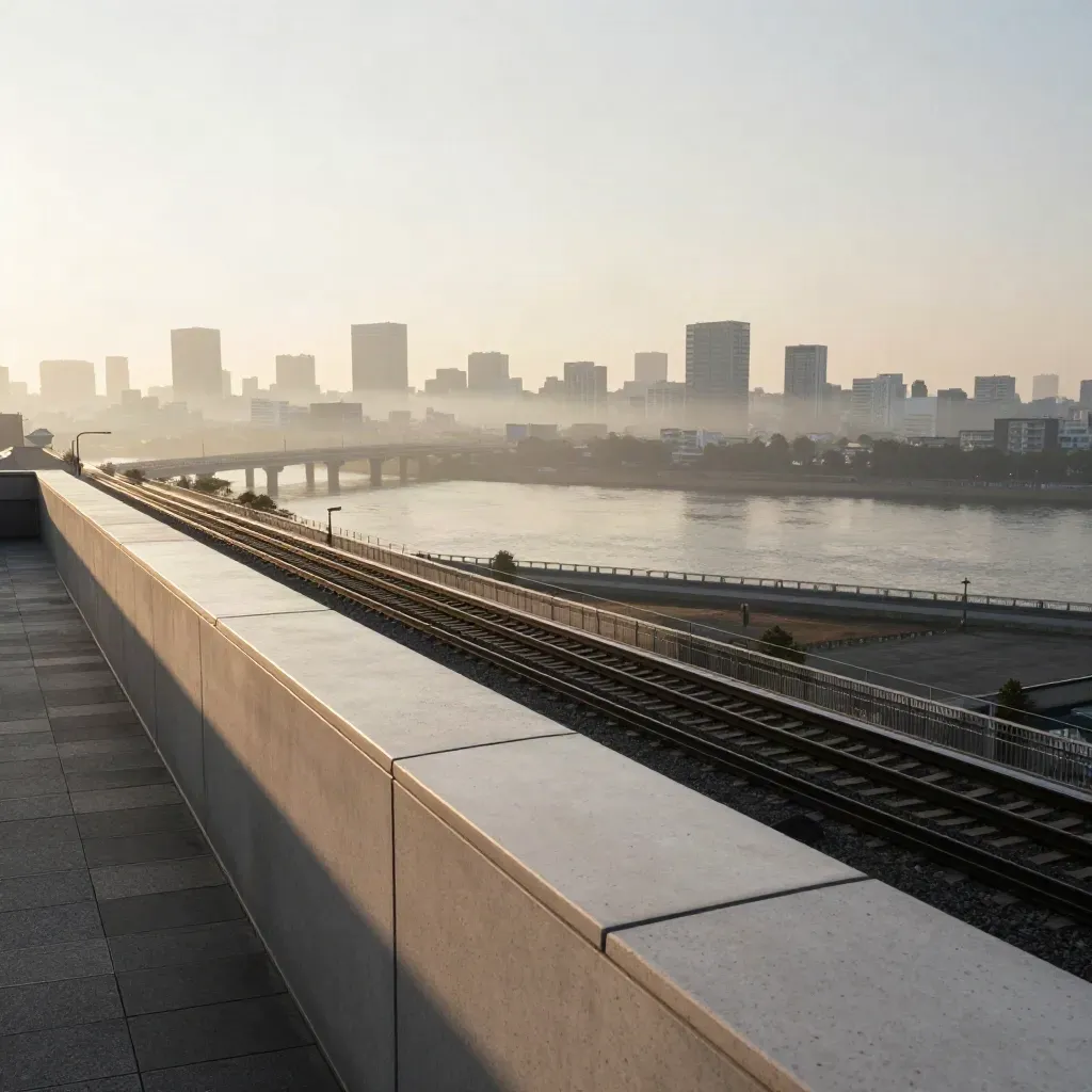 Tokyo skyline and rail lines in dawn mist over a broad river plain, viewed from a rooftop