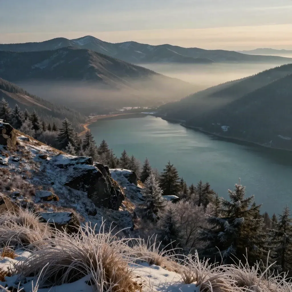 Snow-soft mountain valley with a teal lake, layered ridgelines, mist, and light snowfall at blue hour.