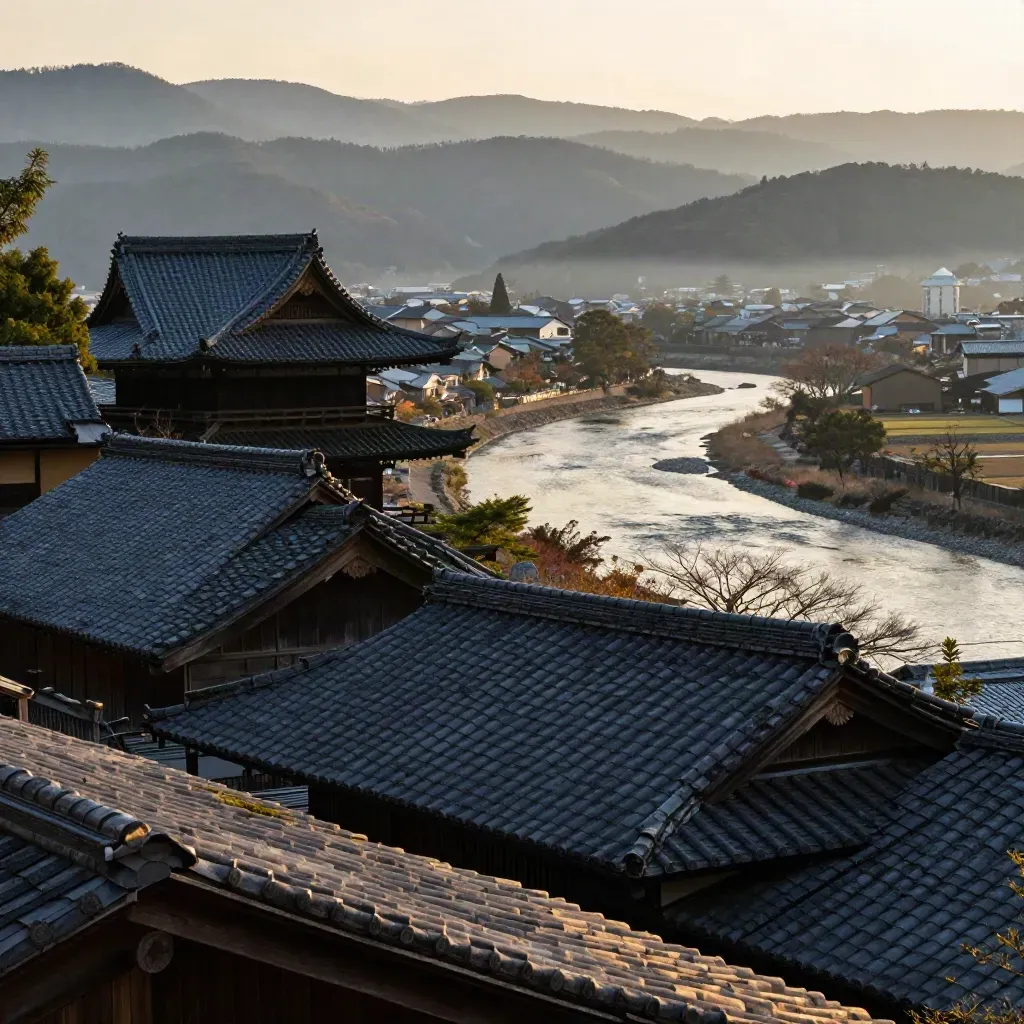 Kyoto basin at sunset with temple roofs, cedar hills, and a misty river valley