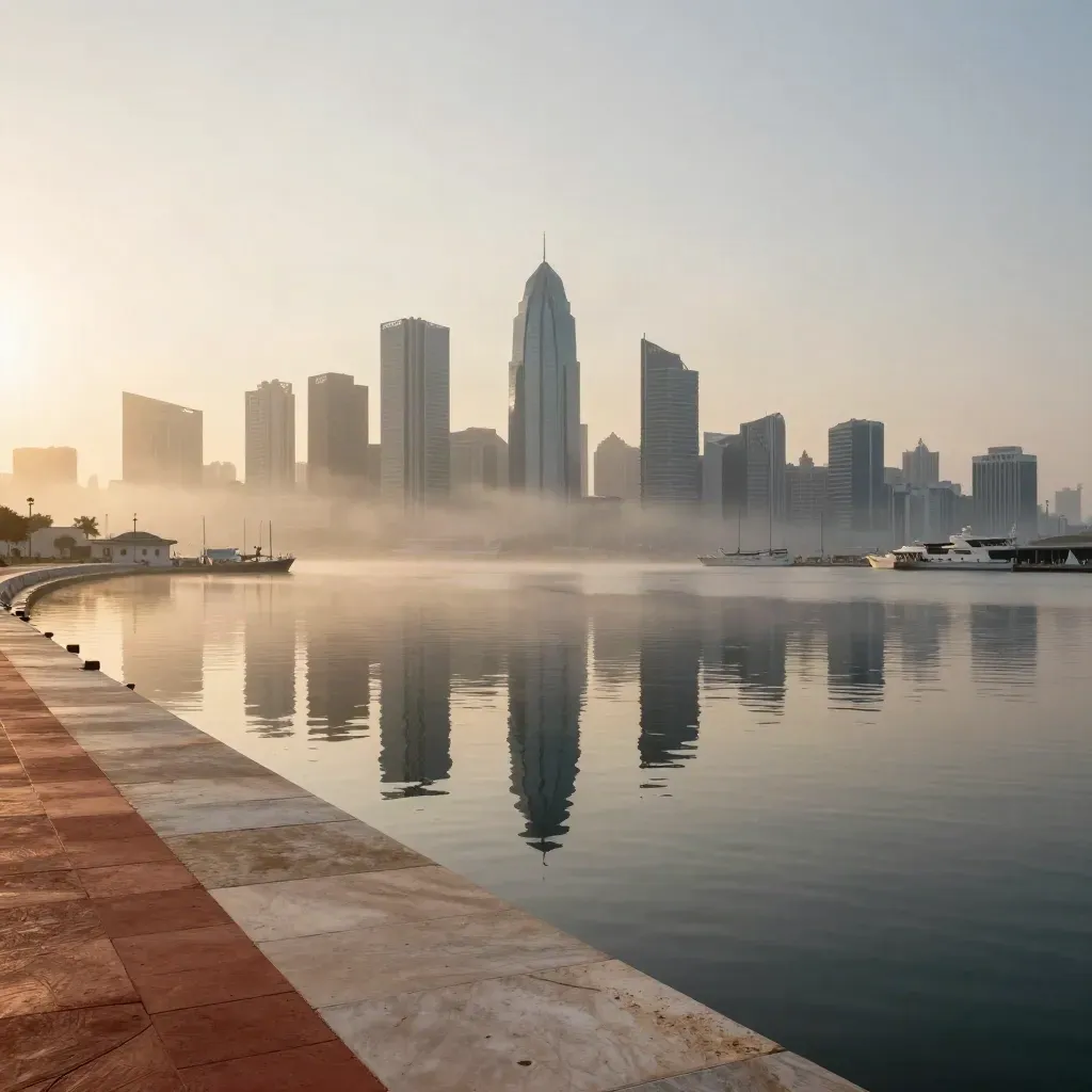 Harbor skyline in dawn haze reflected in still water, with open copy space below.
