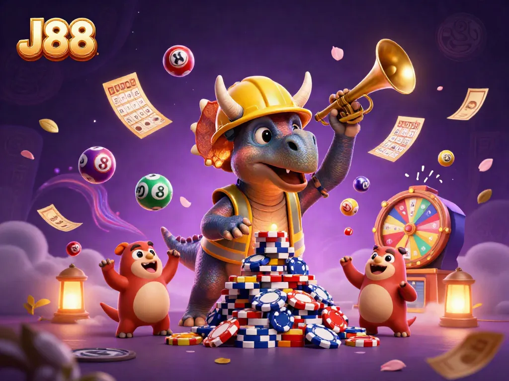 Experience the fun of J88 in this vibrant casino-themed 3D illustration with cheerful characters.