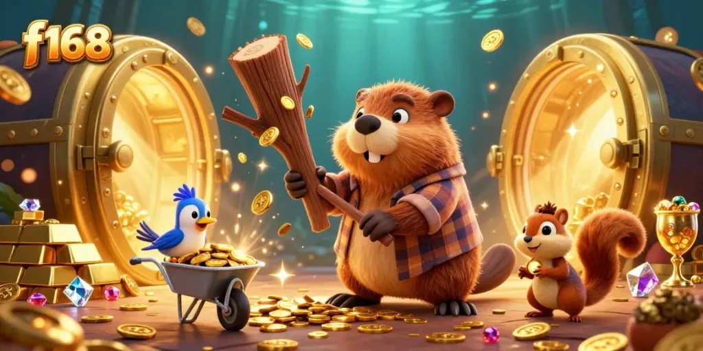 Experience the thrilling world of f168 with a vibrant 3D cartoon scene of whimsical characters collecting golden rewards.