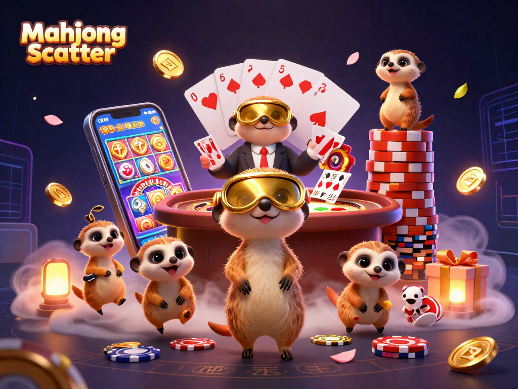 Experience the mahjong scatter excitement with vibrant casino meerkats in a dynamic 3D illustration.