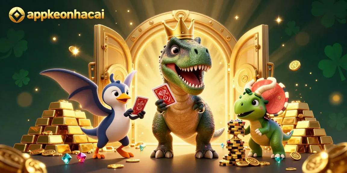Experience dynamic gambling fun at appkeonhacai with characters shuffling cards and stacking golden chips.