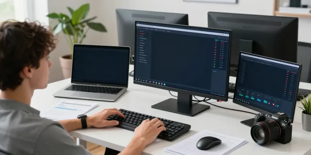 Togel online data analysis scene featuring a focused individual in a modern workspace.