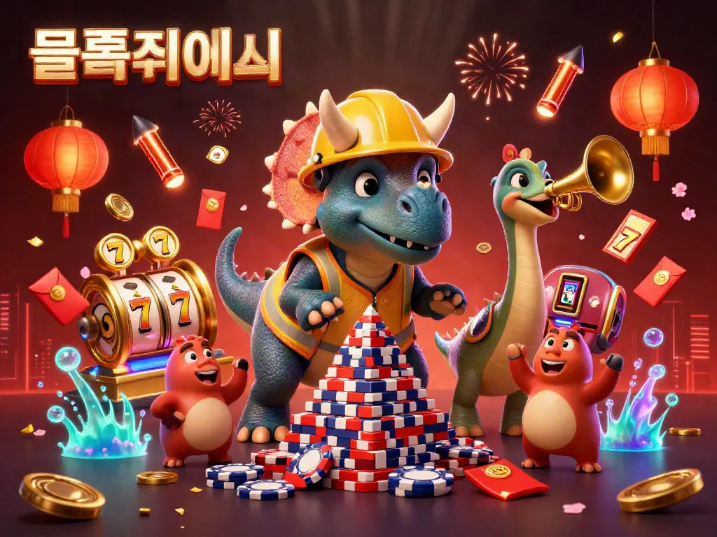 Experience the thrill of 슬롯사이트 as a colorful triceratops builds a poker chip pyramid in a lively casino scene.