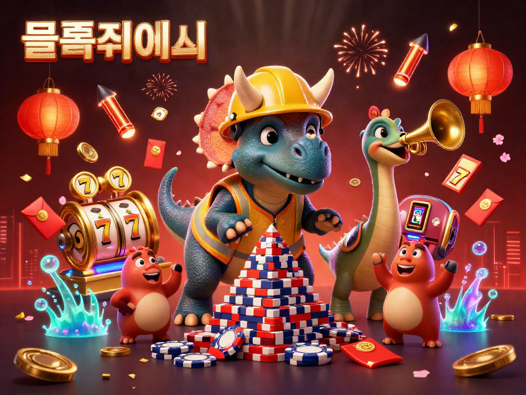 Experience the thrill of 슬롯사이트 as a colorful triceratops builds a poker chip pyramid in a lively casino scene.
