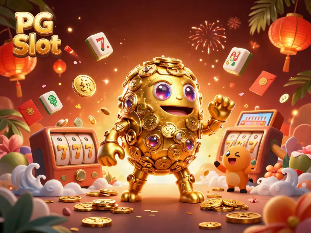 Experience the excitement of PG Slot with a vibrant 3D illustration of a golden golem and dynamic casino elements.