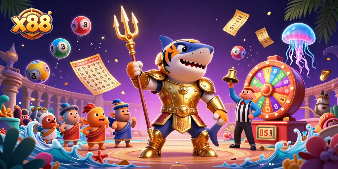 Join the action with x88 as the tiger shark reigns in a vibrant gambling underwater scene.