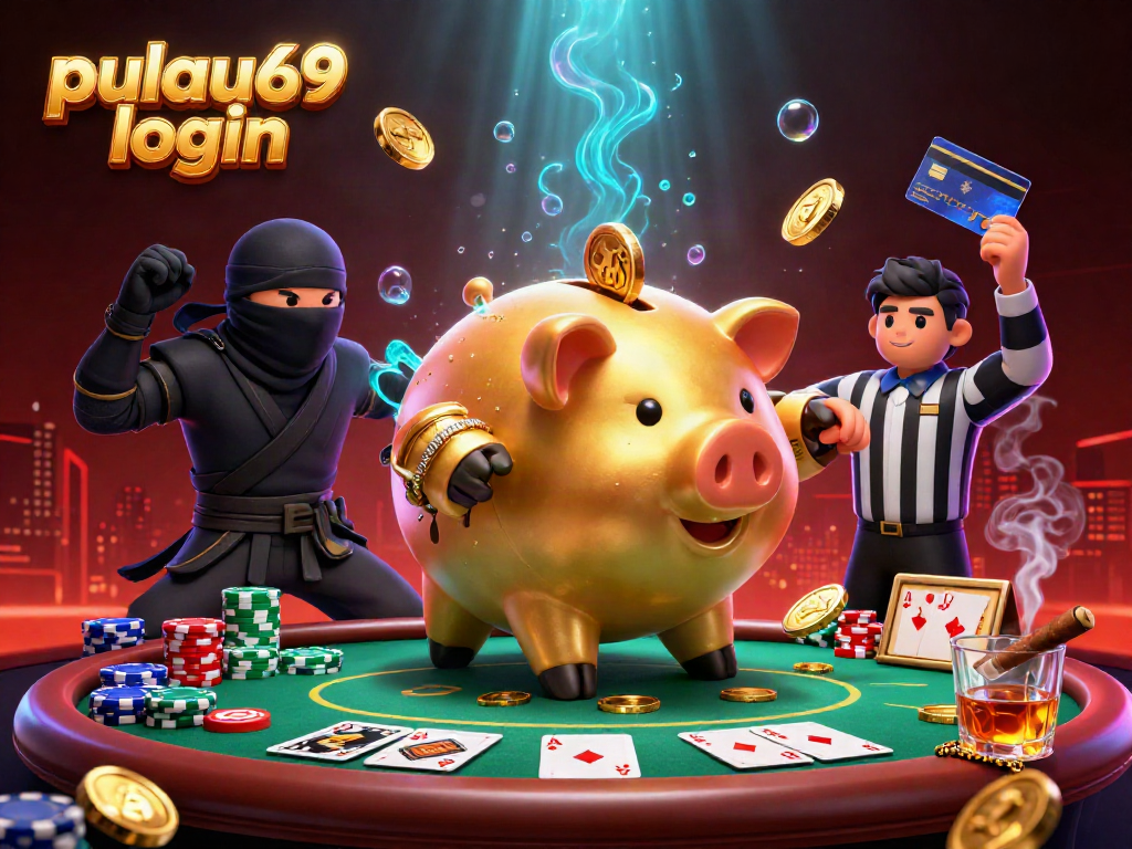 Experience pulau69 login with a vibrant gaming scene featuring a golden piggy bank sumo wrestler, a wallet-ninja, and poker elements.