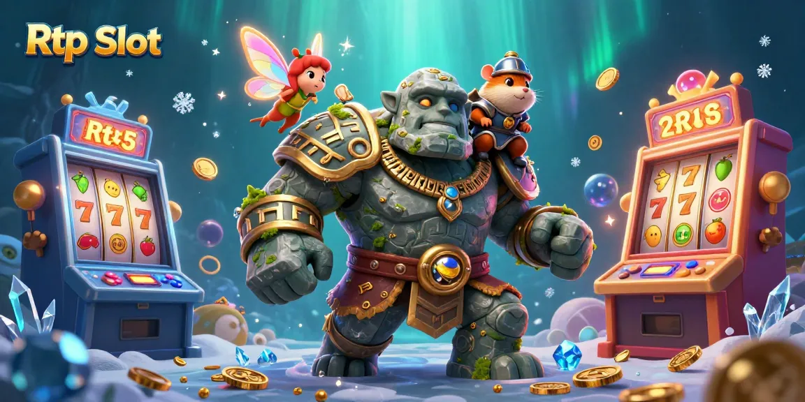 Experience the magic of Rtp Slot with stunning 3D characters amid vibrant slot machines and sparkling coins.