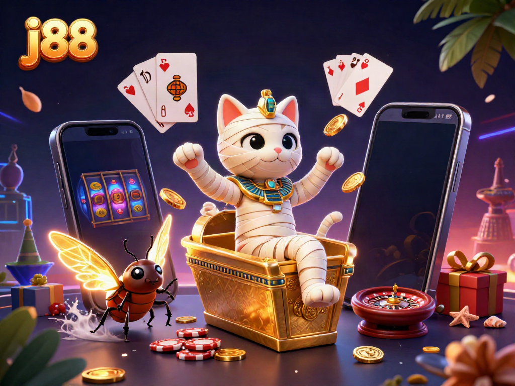 Experience thrilling action with j88 as a mummy cat bursts from a sarcophagus amidst casino games
