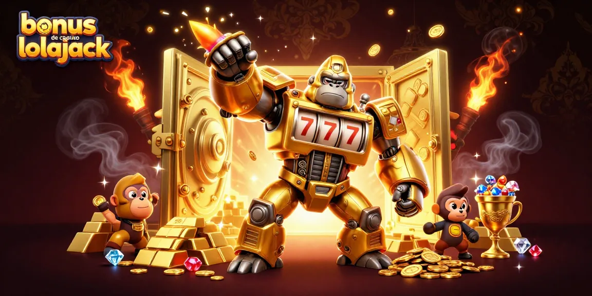 Profitez du bonus de casino lolajack avec une illustration dynamique de machines à sous et trésors.