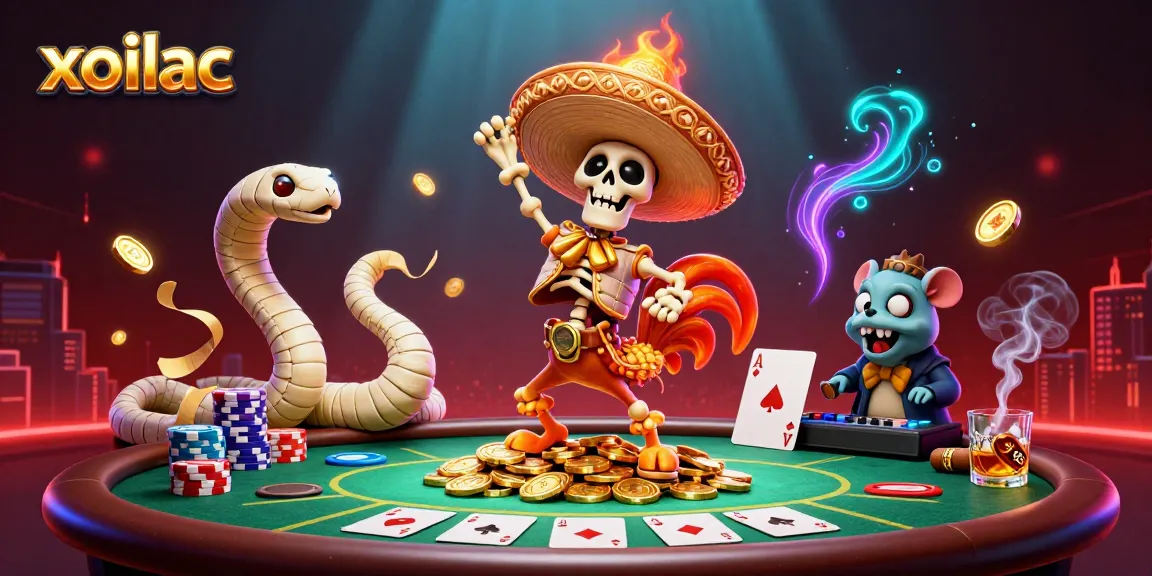 Experience the excitement of xoilac with a vibrant scene featuring a festive mariachi rooster dancing on golden coins and surrounded by colorful poker elements.