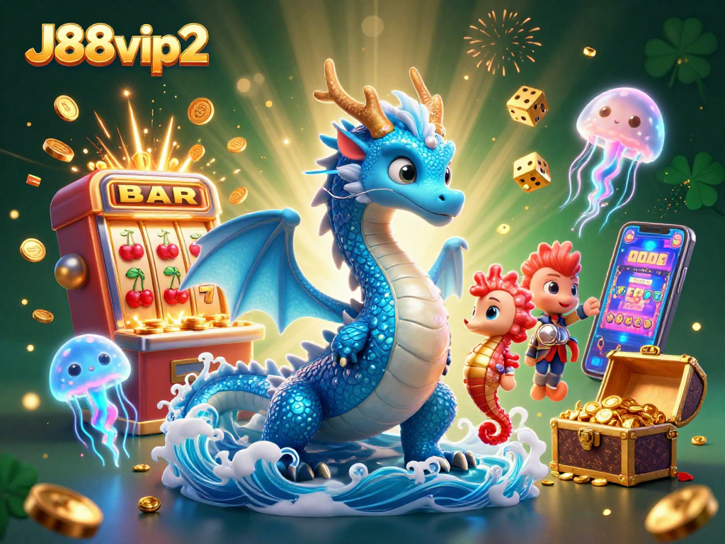 Engage in the excitement of gaming with J88vip2, featuring a vibrant casino scene with dragons and jackpots.