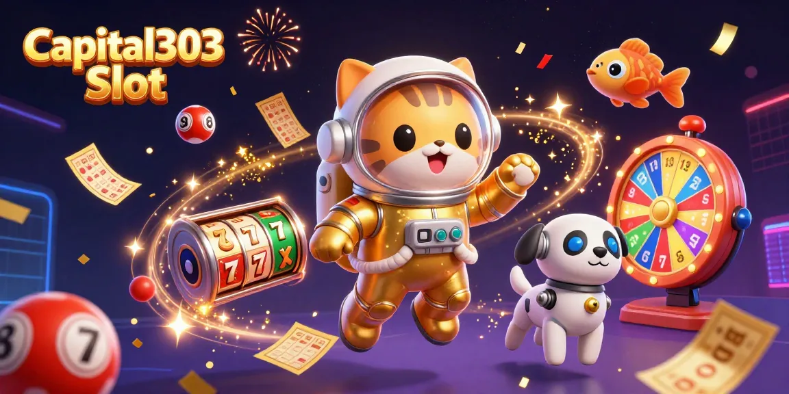 Experience Capital303 Slot with an astronaut cat and robot dog amidst a dynamic casino universe.