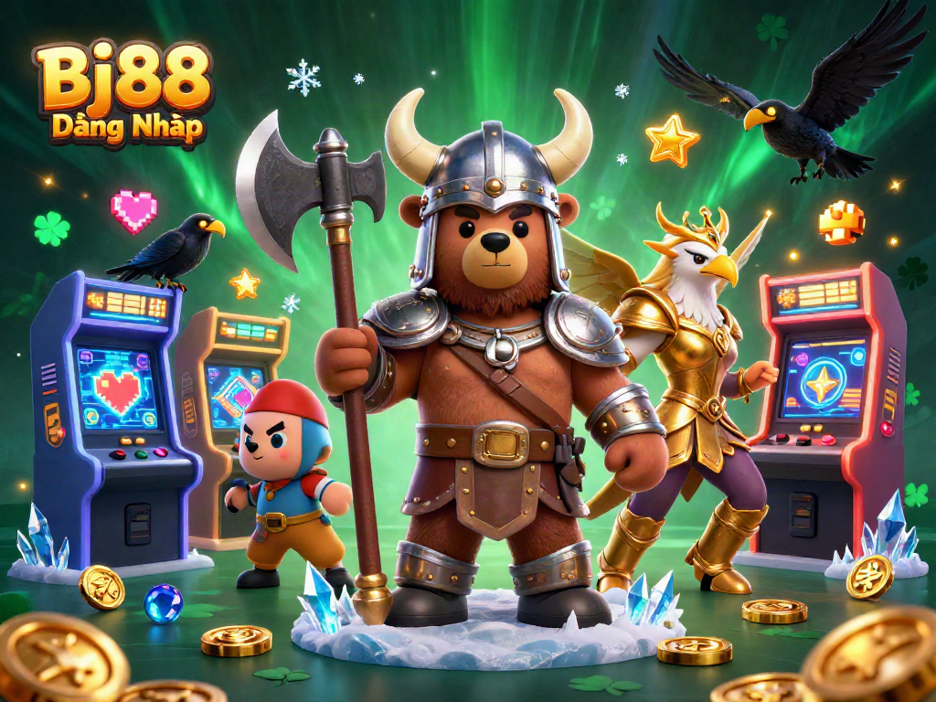 Bj88 Đăng Nhập offers exhilarating gaming experiences with vibrant characters amidst dazzling casino elements.