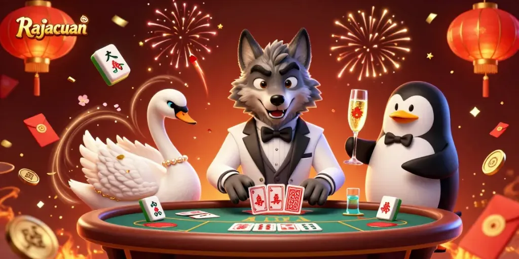 Experience Rajacuan with festive mahjong celebrations and vibrant casino characters in action.