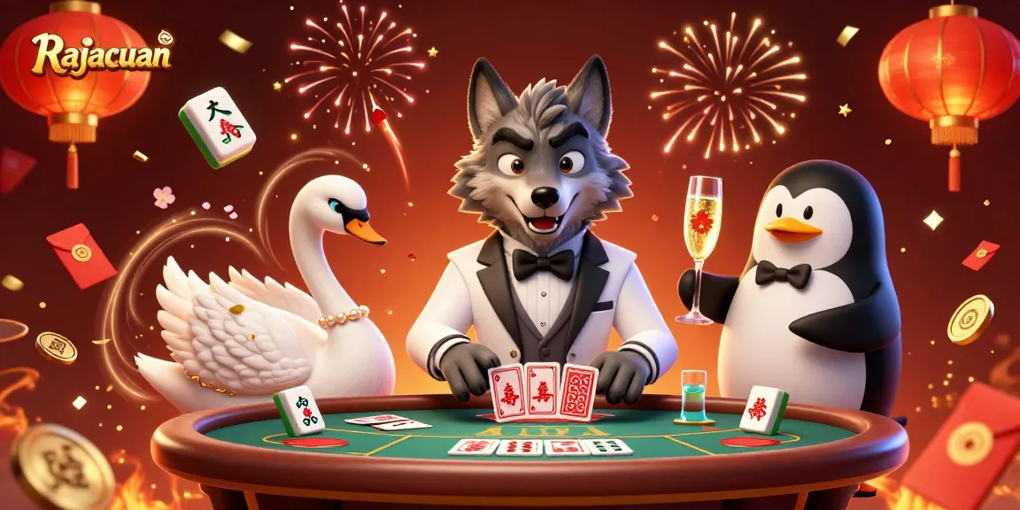 Experience Rajacuan with festive mahjong celebrations and vibrant casino characters in action.