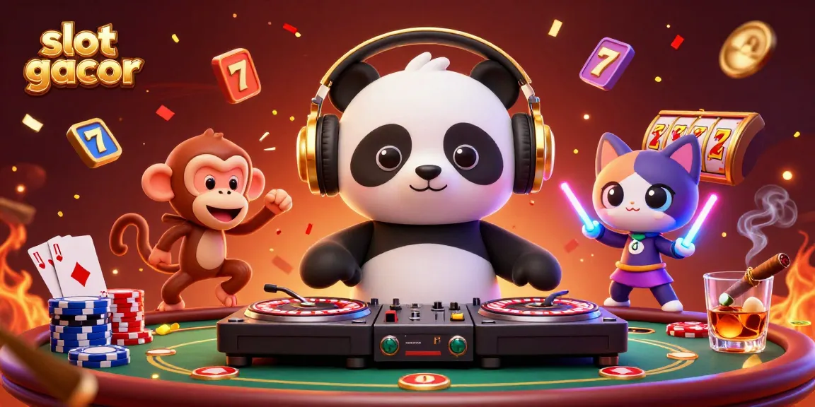 Experience exhilarating fun with slot gacor in this vibrant scene featuring a DJ panda, dancing monkey, and glowing kitten.