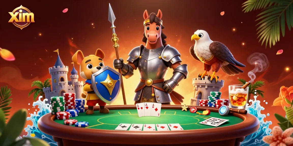 Engage in thrilling casino action with xim, featuring a knight, puppy, and falcon amidst poker gameplay.