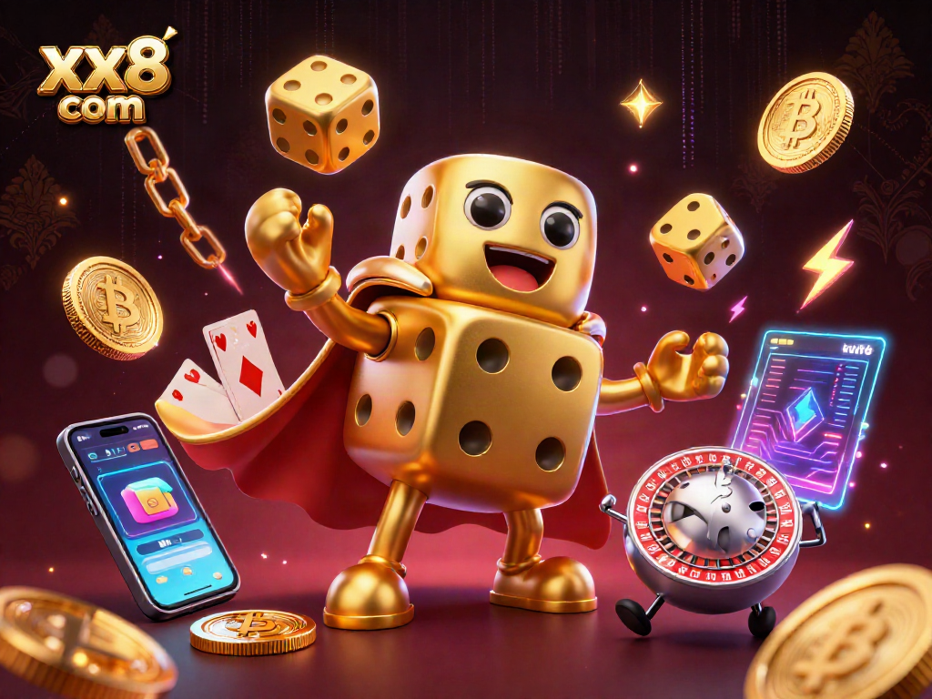 Experience the excitement of xx8 com with dynamic golden dice, neon crypto coins, and vibrant casino elements.