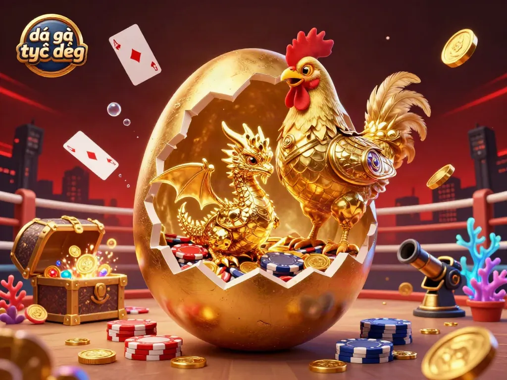 Experience intense đá gà trực tiếp action with a golden dragon in a lively cockfighting arena.