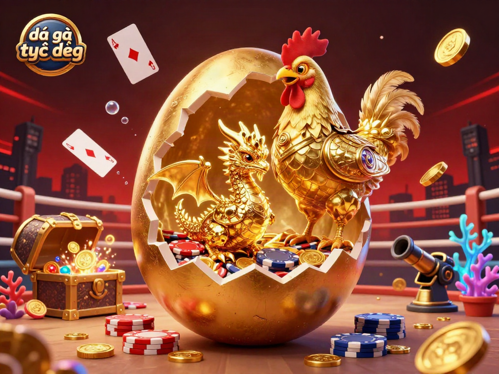 Experience intense đá gà trực tiếp action with a golden dragon in a lively cockfighting arena.